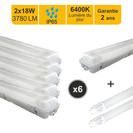 Lot de 6 boitiers étanche traversant IP65 120cm + 2 tubes LED 2x18W 37800lm 6500K - garantie 2 ans