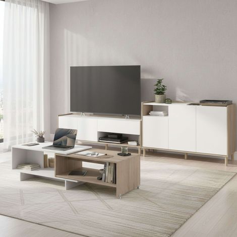 Pack Salón Comedor, Mueble TV 2 puertas, Aparador 3 puertas, Mesa de Centro Extensible Blanco y Roble Japonés