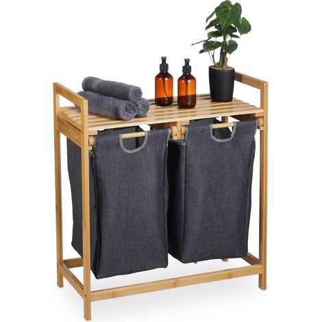 Relaxdays Estantería Cesto Ropa Sucia, Bambú, Extraíbles, 73x64x33 cm, 2 Sacos y 1 Balda, Cubo Lavandería, Natural/Gris