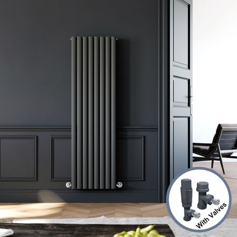 ELEGANT 1600 x 480 mm Anthracite Modern Tall Bar Radiator Efficient Radiator Double Designer Oval Panel Heater Radiators + Anthracite Thermostatic Radiator Valves (1/5)
