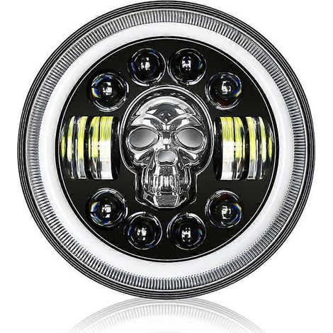 Phare de moto rond de 7 pouces, avec tête de mort RGB, œil d'ange, étanche IP67 et plusieurs modes d'éclairage