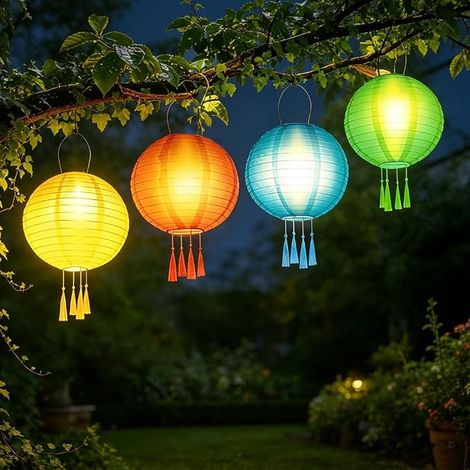 4 Pièce 25cm Lampion Solaire Exterieur, Lanternes Solaires LED Extérieures, Lampion Exterieur Solaire, Lanterne de Jardin Suspendue, Lanterne Solaire Jardin pour Balcon Terrasse Décoration (1/5)