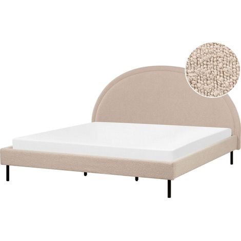 Letto matrimoniale in poliestere bouclè beige imbottito con base a doghe e testiera rotonda 180 x 200 cm Margut