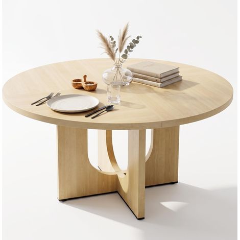 FurnitureR Round Dining Table for 4 to 6 People, Oak Effect MDF Kitchen Furniture with Warm Wood Grain Finish, 120 × 120 × 75 cm (1/5)
