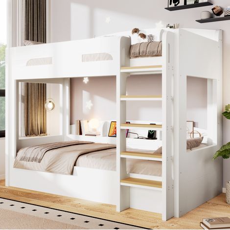 Letto a soppalco con letto inferiore, prese USB e mensole, 90x200 cm, MDF e pino, bianco (1/5)