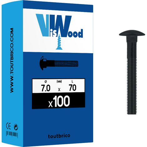Lot de 100 vis TRCC 7 X 70mm zingué noir – Tête ronde collet carré N°12 – Filetage partiel pour fixation acier – Norme DIN 603/555 – Viswood