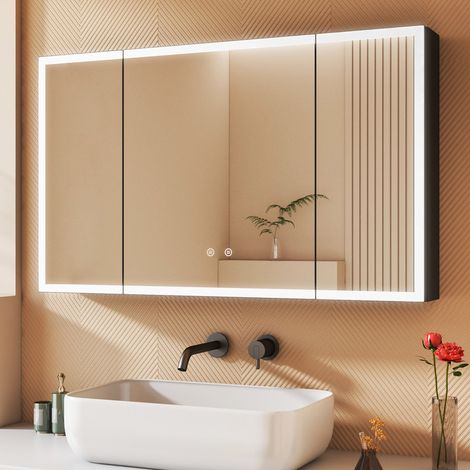 100 x 60 cm 3 Türen Spiegelschrank Bad mit Beleuchtung LED Spiegelschrank mit Beleuchtung Badspiegel Schwarz mit Beleuchtung Badschrank Hängeschränke mit 3 Einstellbare Lichtfarben Beschlagfrei, Schwa