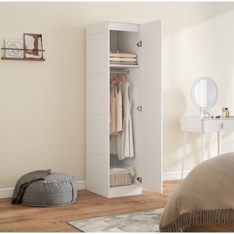 Armadio guardaroba in legno bianco 40 x 52 x 180 cm con bastone appendiabiti e anta soft-close (1/5)