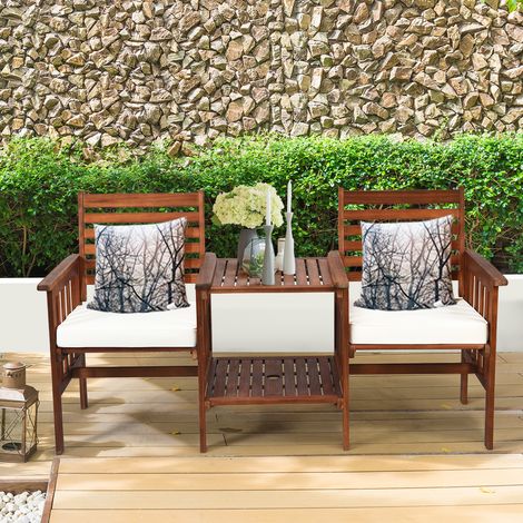 Salon de Jardin Bois Acacia 2 Personnes Charge 160KG Table Basse 2 Chaises Coussin Trou Parasol CW74809 (1/3)