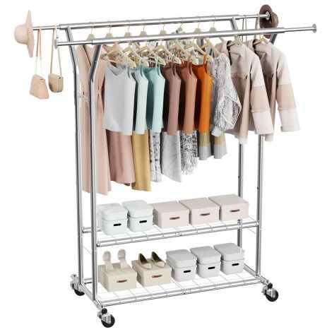 Perchero Burro para Ropa de 2 Barras para Colgar y 2 Estantes, con Ruedas, Burro de Ropa Carga de 120 kg, Altura Ajustable, de Acero al Carbono, para Dormitorio, Lavandería, Sala de Estar (1/5)