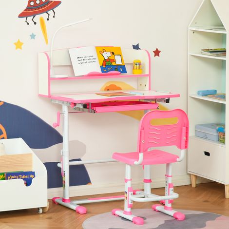 Conjunto de escritorio y silla Qaba Kids, altura ajustable, escritorio escolar para estudiantes, mesa de estudio para niños con lámpara LED, estantería, cajón, pizarra, ranura para bolígrafos, gancho, (1/5)