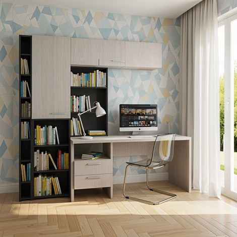 Angolo studio multifunzionale con libreria a profondità variabile e cassettiera integrata - Rovere rock