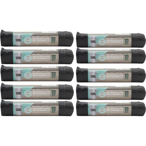 Lot de 10 rouleaux de 10 sacs poubelle 130 L avec Liens Coulissants (1/3)