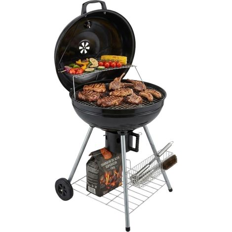 Barbecue à Charbon de Bois Double Grille Cuisson Ø54.5cm& Couvercle Thermostat Bac à cendres, Barbecue sur roues avec rangement (1/5)