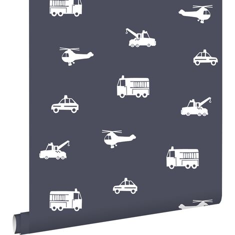 papier peint voitures, camions de pompiers, hélicoptères et grues bleu foncé - ESTAhome (1/5)