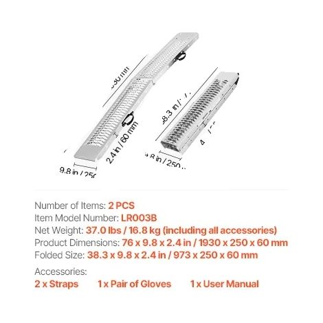 Rampe de chargement, capacité de 1000 lbs, design pliable rapide, 72x9inch (1/2)