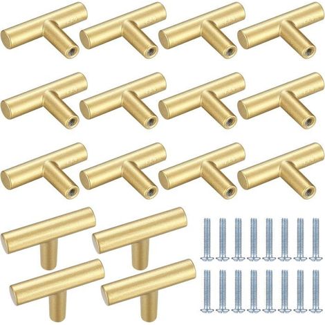 Lot de 16 boutons de meuble en T en acier inoxydable doré pour tiroirs, placards, chambres, portes, armoires, salles de bain (1/5)
