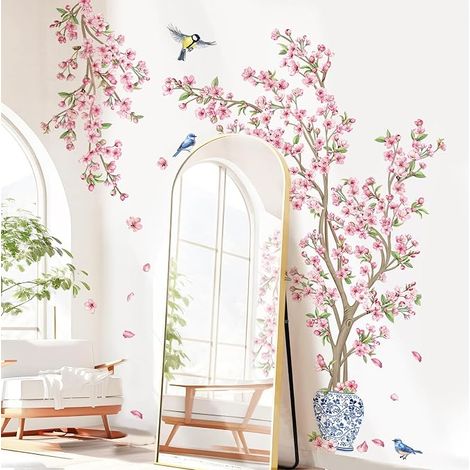 Pegatinas de pared de árbol de flor de cerezo rosa, pegatina de pared XL (1/5)