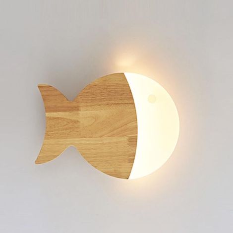 Applique murale petit poisson en bois, applique murale pour chambre d'enfant, appliques murales d'éclairage décoratif en rondins, appliques murales à LED modernes（3000K）