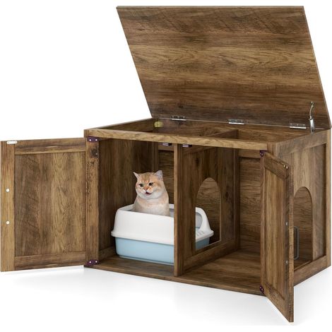 GOPLUS Meuble Litere Chat 4 en 1 avec 2 Entrée Latéral, 80 x 54 x 53,5 CM, Maison de Toilette Chat avec 2 Portes, Plateau Grand Charge 30 KG, Séparateur, Poignée en Métal, Idéal pour Intérieur (1/5)