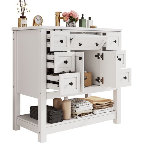 CHICFURN Mobile bagno 91,5 x 46,5 x 90 cm in MDF bianco con lavabo in ceramica integrato (1/5)