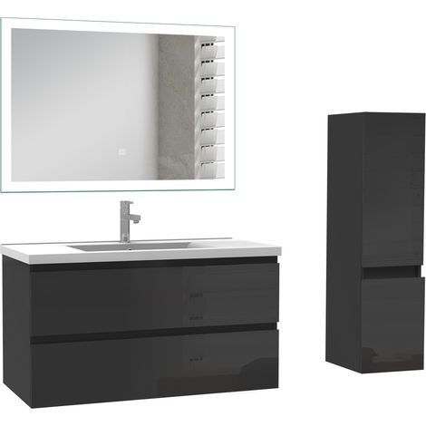 Ocean Ensemble de Meuble salle de bain 99 cm noir Haut Brillant, miroir led + colonne 110cm