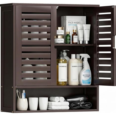 Armoire de Salle de Bain Murale, Organisateur de Rangement en Bambou au-Dessus de la Cuvette, Armoire à Pharmacie Gain de Place avec 2 Portes et étagères réglables (Brun foncé) (1/5)