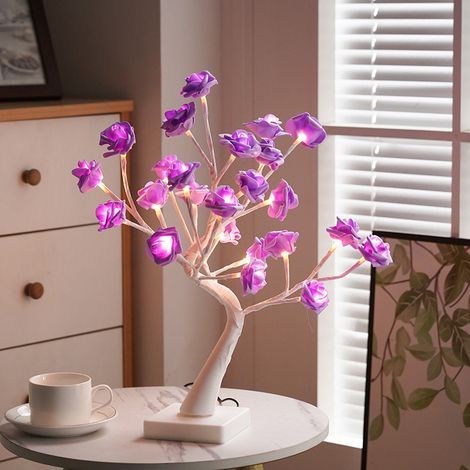 Table lamp in the shape of a luminous rosebush with artificial flowers, ideal for home decoration, birthdays, Valentine's Day and Christmas (purple) (1/2)