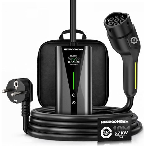 Câble de Charge Schuko de Type 2-10 m - 3,68 KW - Chargeur EV 6-16 A - Réglable - pour Voiture électrique monophasée - avec indicateur LED-Station de Charge Portable IP65 pour (3,7 KW, 10M) (1/5)