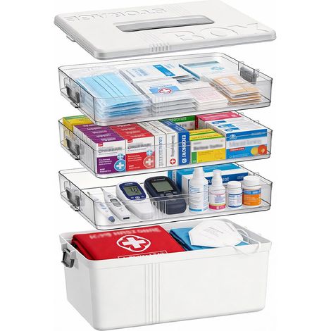 4 Étages Boite a Pharmacie, Grande Boite Medicaments Rangement Amovible avec Poignée, Pharmacie Rangement Multifonction avec Couvercle pour Maison, Bureau et École(Blanc) (1/5)