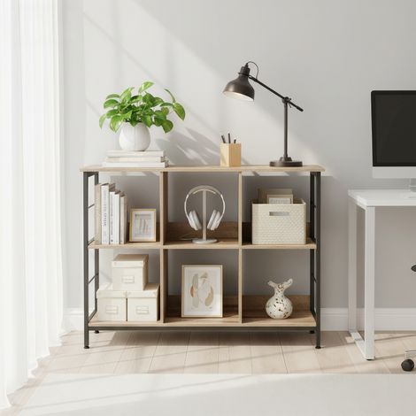 Étagère à Livres à 2 Niveaux, Étagère de Rangement avec 6 Compartiments, 33 x 120 x 80 cm, Marron Camel et Noir (1/5)