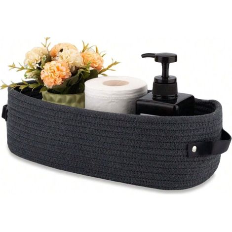 Panier de rangement ovale pour papier toilette – Cuir naturel & coton, poignée en cuir, noir élégant, design salle de bain