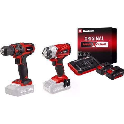 Einhell – Kit de vissage sans fil 18V – Visseuse à chocs + perceuse-visseuse + 2 batteries 4.0Ah + chargeur Twincharger – Pour bois dur et métal léger