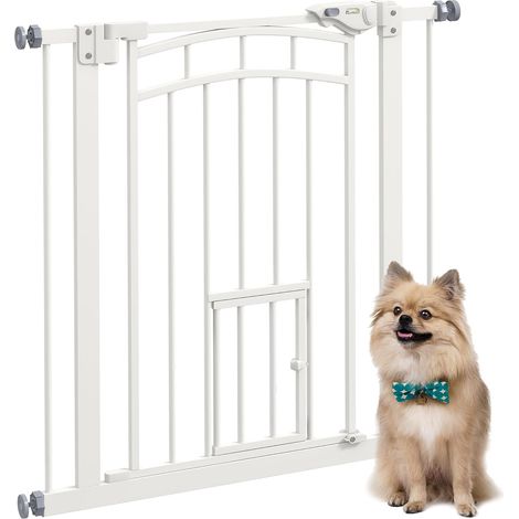Barrière de sécurité Chien, barrière d'escalier à Fixation par Pression sans percer, Porte Fermeture Automatique, système de Double Verrouillage, 74 à 80 cm, Acier, Blanc (1/5)