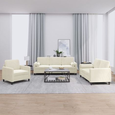 3-tlg. Sofagarnitur mit Kissen Creme Samt vidaXL