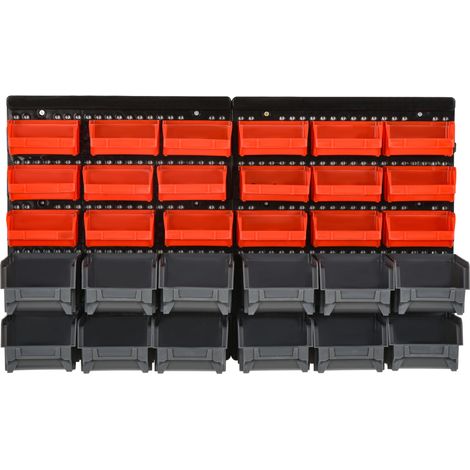 Système de rangement mural avec étagère et boîtes empilables, 30 boîtes, 2 panneaux perforés, 37,5 cm x 18 cm x 63 cm, rouge + gris + noir