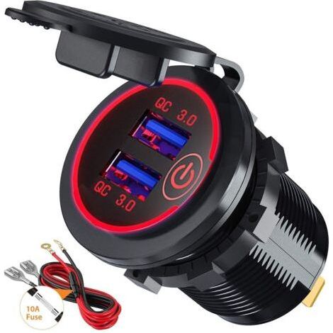 Quick Charge 3.0 Prise de Chargeur Rapide de Voiture USB Adaptateur avec Interrupteur 12V / 24V 36W Dual QC3.0 USB pour Marine, Bateau, Moto, Camion (Rouge) (1/5)