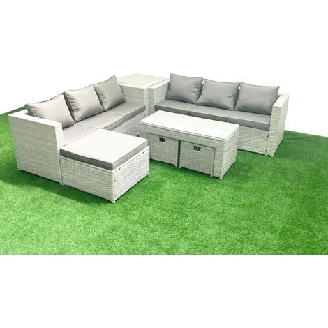 Fimous 9 places Salon de Jardin Extérieur Canapé de jardin en rotin Table basse oblongue avec 3 Tabourets Table d'appoint Gris clair mixte (1/5)