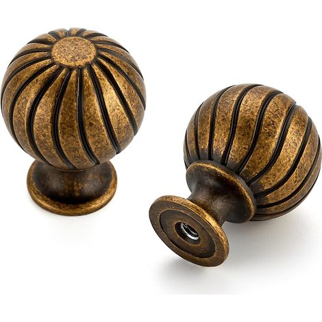 Lot de 2 boutons de meuble en laiton antique, ronds (2,5 cm) pour commode, tiroirs de coiffeuse, portes de placard, etc. Forme sphérique avec cannelures Idéal pour la rénovation de meubles de cuisin (1/5)