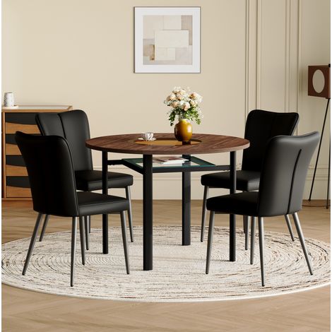 Ensemble table à manger ronde 100 cm avec 4 chaises en cuir régénéré noir, plateau effet bois et verre, style minimaliste, pour cuisine et salle à manger CHICFURN (1/5)
