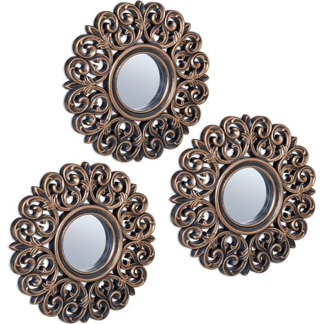 Relaxdays Espejos Pared Set 3 Arabescos Barrocos, Decorativos, Salón, Pasillo, 25 cm Ø, Marcos Plástico, Bronce y Negro
