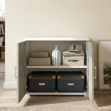 Dmora Armario multiusos Bucaneve, Mueble lineal de 2 puertas batientes con balda, Muebles de entrada, zapatero moderno, 100% Made in Italy, Cm 90x45h66, Cemento y Blanco, con embalaje reforzado (1/4)