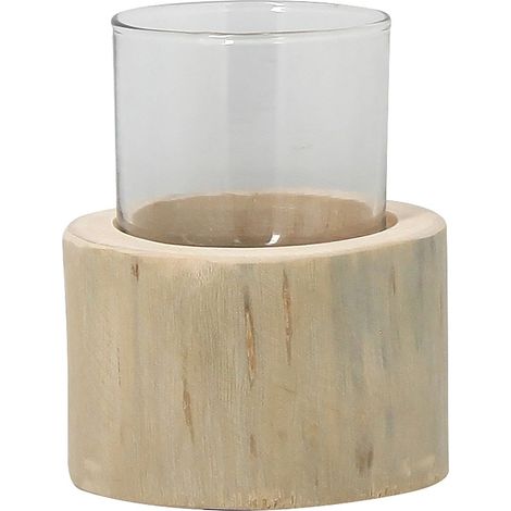 Photophore en verre avec base en teck (1/4)