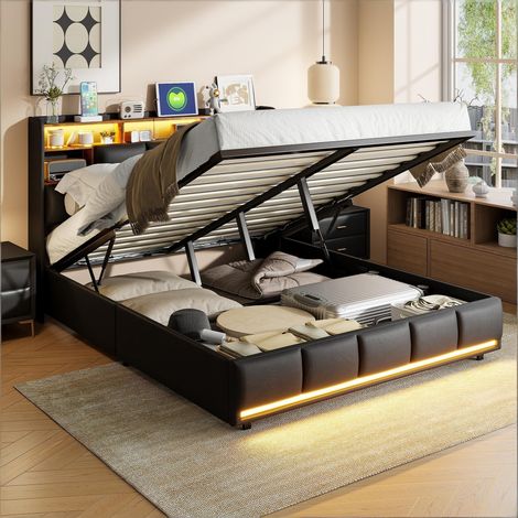 Lit Complet Double, Lit Coffre 140 x 190 cm, Sommier Relevable, avec Rangement, LED, Tête de Lit, port USB, Style Moderne, PU, Noir