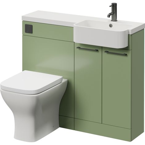 Napoli 250 Olive Green 1000mm 2 Door Vanity Unit Toilet Suite with Right Hand Round Rico Semi Recessed Basin - 1000mm - Gunmetal Grey 160mm HandleWith Kingston Toilet Pan and Seat