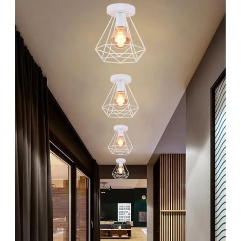 4pcs Plafonnier Industriel en Cage Diamant Blanc Lustre Suspension Vintage Métal Designe Simple Style Edison pour salon (1/4)