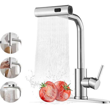 Grifo de cocina con rociador extraíble – grifo de cocina tipo cascada – grifo con 3 funciones – cromado (1/5)