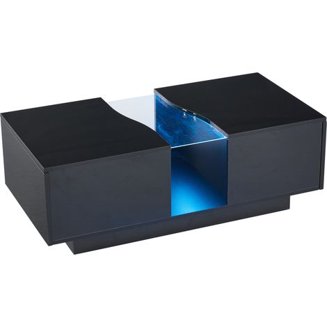 Table basse LED noire laquée avec 2 tiroirs, 100 x 50 x 35 cm, avec plateau acrylique et éclairage contrôlable par application (1/5)