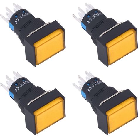 25 Stück Mikro-Quadrat-Drucktaster, ABS-Messing, selbstverriegelnd, mit Beleuchtung, 16 mm, 12 V, gelb (1/5)