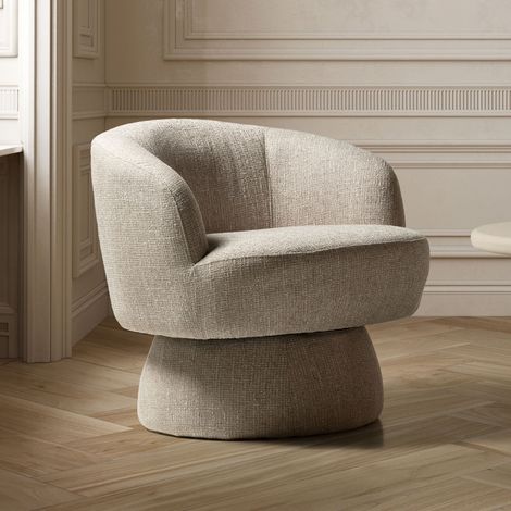 Fauteuil design rond pivotant en tissu texturé chiné beige (1/5)